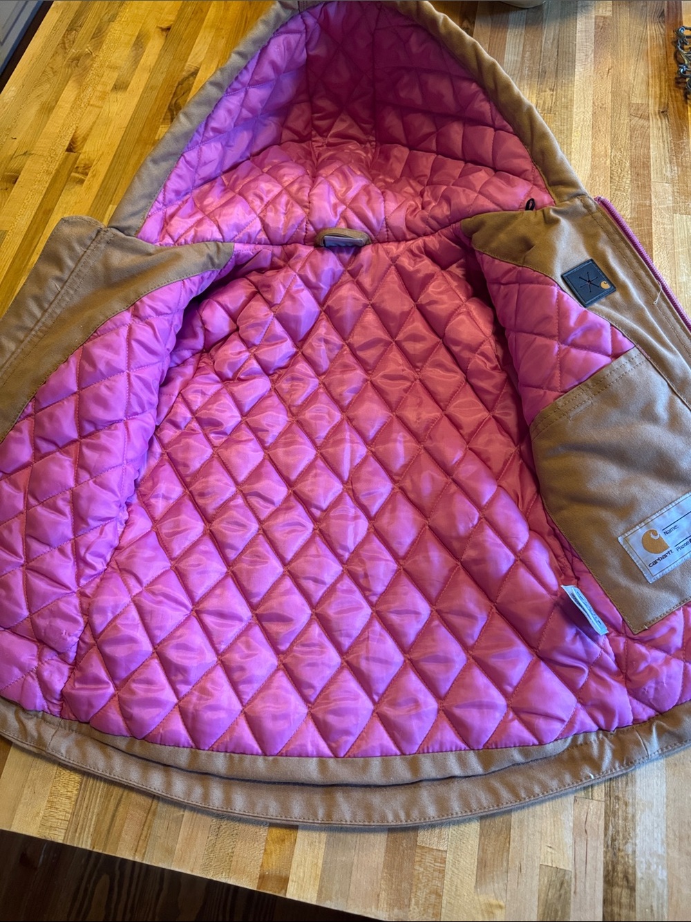 Carhartt Kids Brown Hooded Puffer Jacket with Pink Lining - Picture 6 of 8